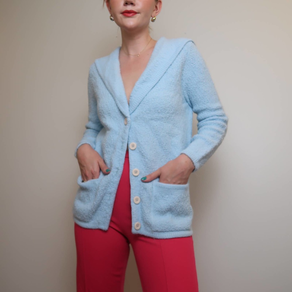 Vintage 80s light blue knit cardigan sweater S/M - Picture 3 of 5